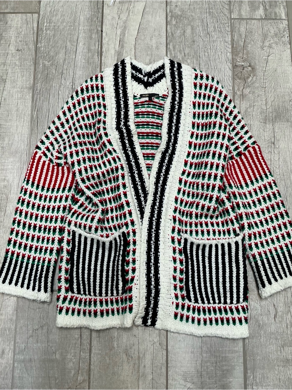 Maje Chunky Open-Front Cardigan Sweater - Red Green Black White